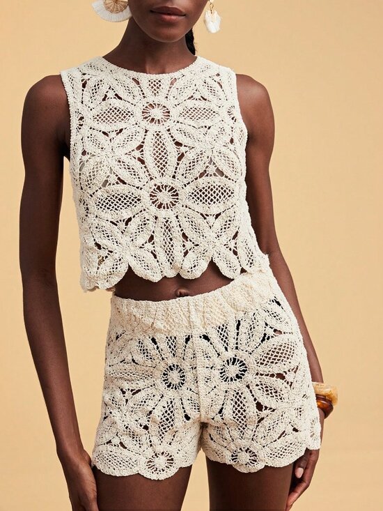 Sweaters - Apricot Casual Women's Floral Crochet Cropped Knit Top and Shorts Set
